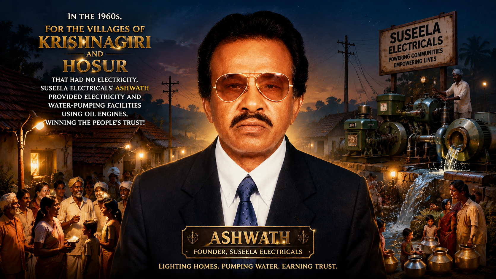 Mr. M. Aswath, founder of Susheela Electricals, who brought electricity and water pumping to Hosur and Krishnagiri villages in the 1970s